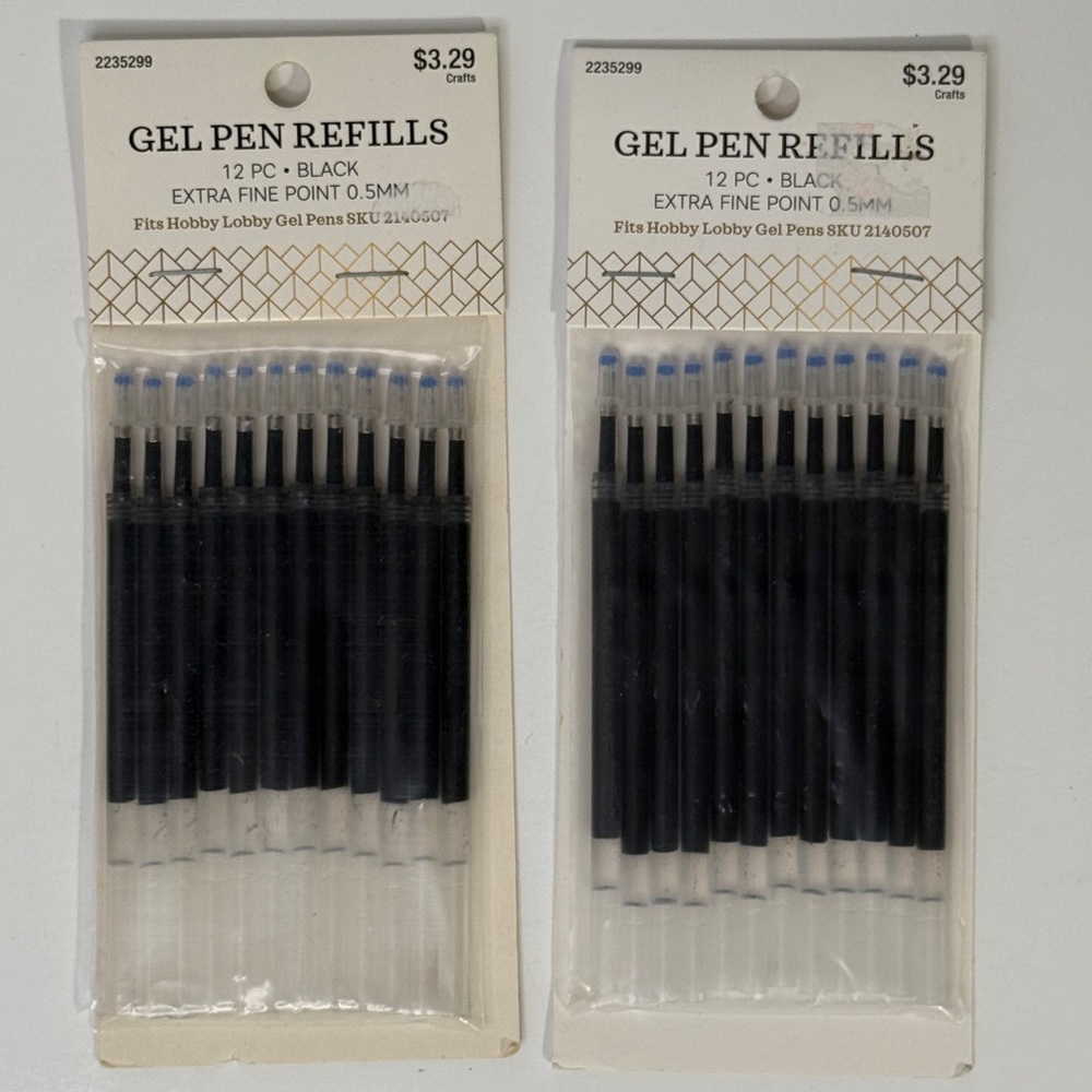 2 Gel Pen Refills - Black - Extra Fine 0.5mm (12 count each)